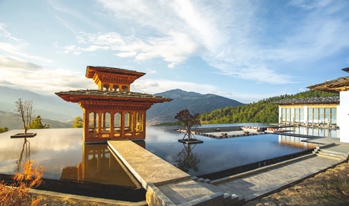 Six Senses Bhutan - Praying Pavilion at Reflecting Pond - Book on ClassicTravel.com